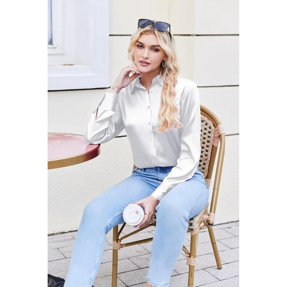 Satin  AA-white Blouses For Women Silk Button Shirts Long Casual Tops - Picture 7 of 7